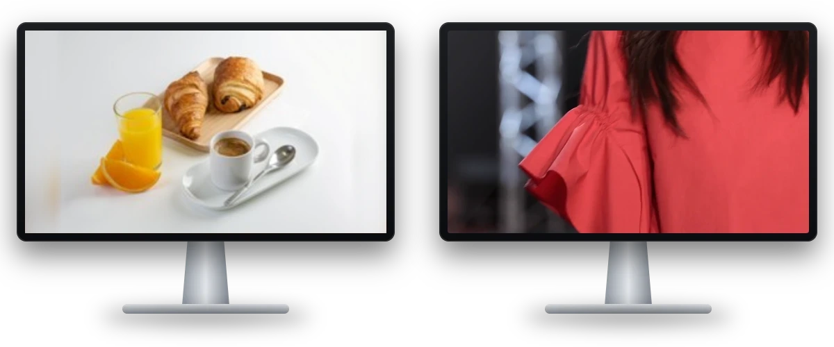 Deux écrans : une photo produit de sacoche en cuir et une vidéo de défilé de mode – photos et vidéos par Askano