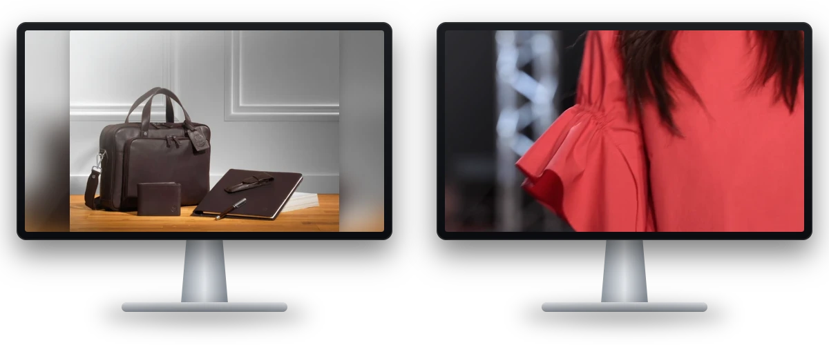 Deux écrans : une photo produit de sacoche en cuir et une vidéo de défilé de mode – photos et vidéos par Askano